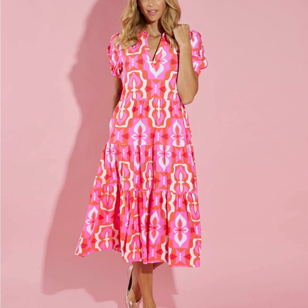 Jude Connally Pink and Orange Geometric Midi Dress